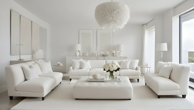 Let your imagination soar in this minimalist's dream room, filled with all-white walls and boucle furniture. The clean lines and understated elegance of the space create a sense of harmony and balance