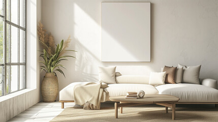 Modern living room interior with sofa and sunlight, blank canvas on wall, 3D illustration.