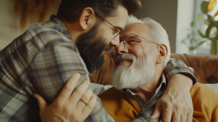 An elder man with a son and glasses receives a loving forehead kiss from a younger bearded man, conveying a sense of comfort and familial affection.