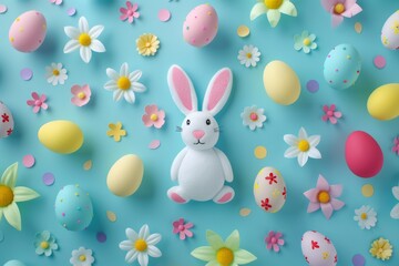 Happy Easter Eggs typeface area. Bunny hopping in flower spring growth decoration. Adorable hare 3d uplifted rabbit illustration. Holy week representation card resurrection celebration