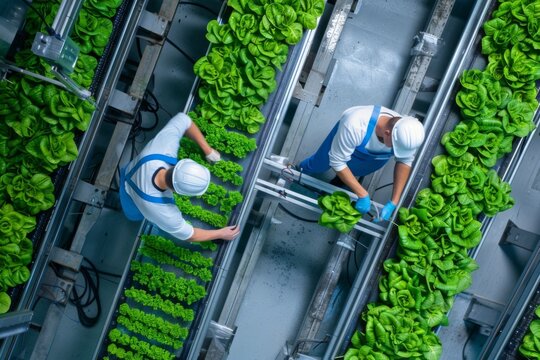 A biology scientist carefully inspects organic farm and analyzes young growing crops to work in a vertical farm alongside racks of natural eco plants