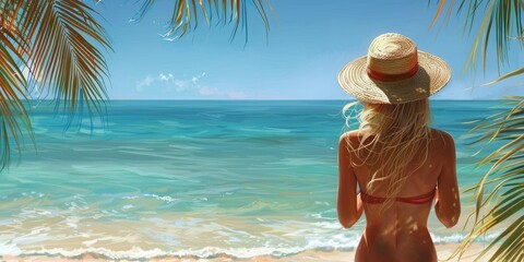 Fototapeta na wymiar A Panoramic View of a Woman Enjoying the Idyllic Tropical Beachfront with Crystal-Clear Waters, Generative AI