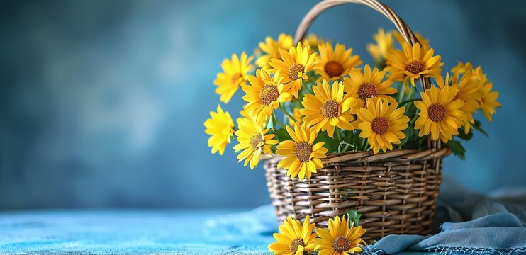 Vibrant sunflowers bring warmth and cheer to an outdoor setting, nestled in a charming basket of yellow flowers