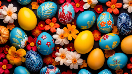 Fototapeta na wymiar Colorful easter eggs and flowers on black background. Greeting card on an Easter theme. Happy Easter concept.