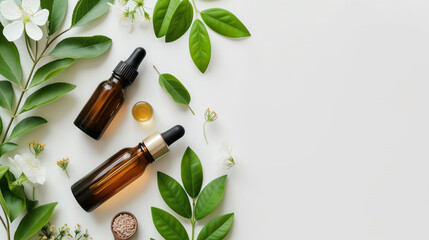 Flat lay of essential oils in bottles with various herbs and leaves on white background.