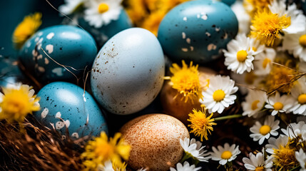 Naklejka na ściany i meble Colorful easter eggs with spring flowers on blue background. Top view. Greeting card on an Easter theme. Happy Easter concept.