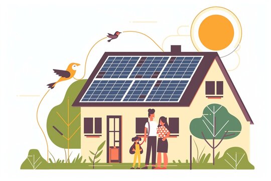 Happy family near their house with solar panels. Alternative energy source.