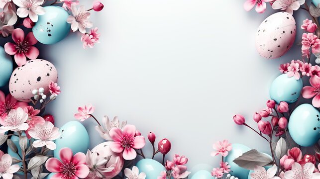 Easter background with eggs and spring flowers.. Top view with copy space. Greeting card on an Easter theme. Happy Easter concept.