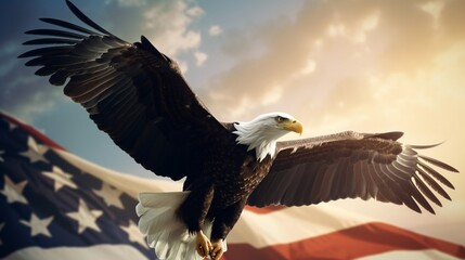 Obraz premium Orzeł bielik leci na tle amerykańskiej flagi.