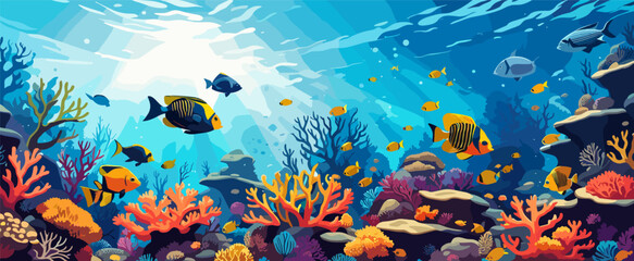 Underwater vector background, banner. Life at sea or ocean bottom. Exotic undersea world with coral reef, colorful fish, cute underwater creatures. Marine landscape, seascape. - obrazy, fototapety, plakaty
