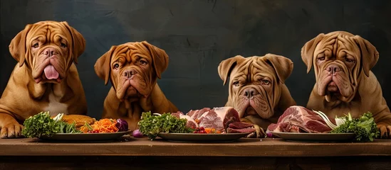 Fotobehang A group of adorable puppies and majestic Dogue de Bordeaux dogs sit around a table, each with a plate of raw food and meat in front of them. They eagerly consume their meal, showcasing a delightful © AkuAku
