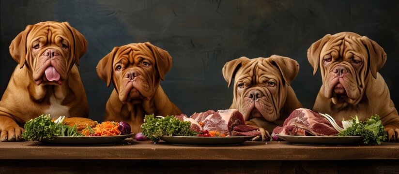 A group of adorable puppies and majestic Dogue de Bordeaux dogs sit around a table, each with a plate of raw food and meat in front of them. They eagerly consume their meal, showcasing a delightful