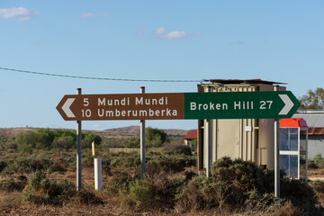 Road sign in Silverton NSW, showing Mudi Mudi, Broken Hill, and Umberumberka