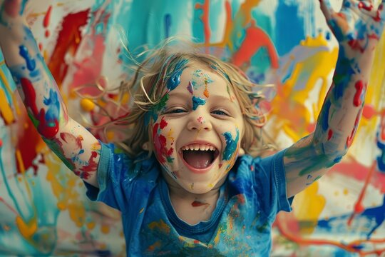Exuberant child covered in paint Embodying creativity and the joy of childhood in a colorful Playful environment