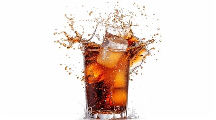 Couple cola splashing out of a glass., Isolated white background. - obrazy, fototapety, plakaty