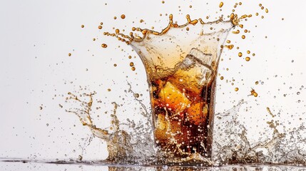 Couple cola splashing out of a glass., Isolated white background. - obrazy, fototapety, plakaty