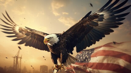 eagle flying in the sky holding an american flag in its talons. - obrazy, fototapety, plakaty