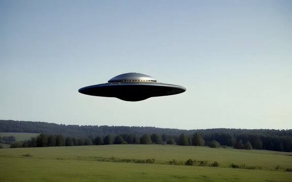 Alien UFO - unidentified flying object - or UAP -  unidentified anomalous phenomena flying over a field. Concept image.
