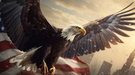 eagle flying in the sky holding an american flag in its talons. - obrazy, fototapety, plakaty