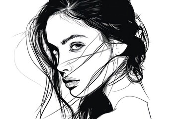 beautiful young girl female profile silhouette with long hair  black ink sketch drawing. Monochrome tattoo. 
