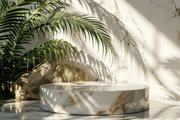 Fototapeta na wymiar round marble 3d render natural stone podium with palm tree leaves decoration and shadows from them