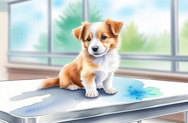 A small breed dog sits on a table in a veterinary clinic. Concept of medicine. Animal hospital