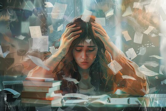 Young Woman Overwhelmed By Academic And Professional Responsibilities Digital Illustration Of Stress And Time Management In Modern Life