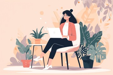Obraz na płótnie Canvas woman working on laptop pastel color minimal flat vector illustration. Digital nomad, female freelancer or it programmer girl.