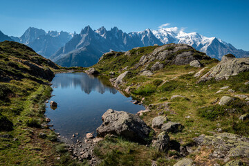 Fototapeta na wymiar Massif du mont Blanc se reflétant dans un lac