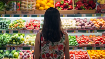 a woman looking at shelf of fruit - obrazy, fototapety, plakaty