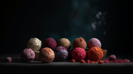 Сomposition of originally designed frozen scoops of ice cream with various flavors on a showcase with a dark background 