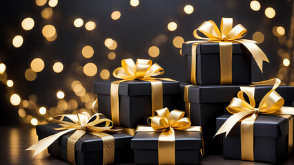 Fototapeta na wymiar Black gift boxes collection wrapped with golden strip with sparkling background 