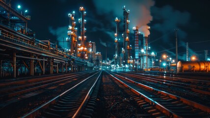 Fototapeta na wymiar Futuristic Refinery Night Scene - Glowing industrial facility with a cyberpunk aesthetic