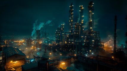 Industrial Facility Steaming at Night - The raw power of an industrial facility is visible through the steaming processes taking place against the dark sky