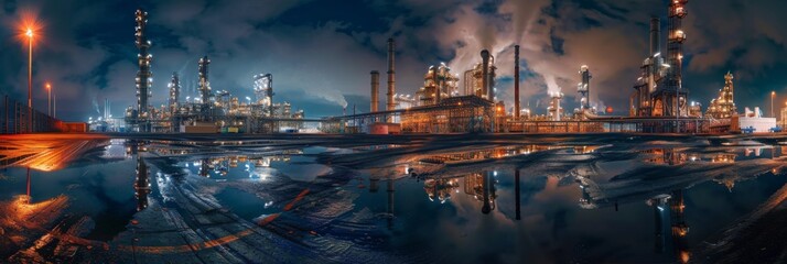 Obraz premium Nighttime Industrial Reflections - The calm waters mirror the complex structures of an industrial site at night, creating a serene yet powerful image