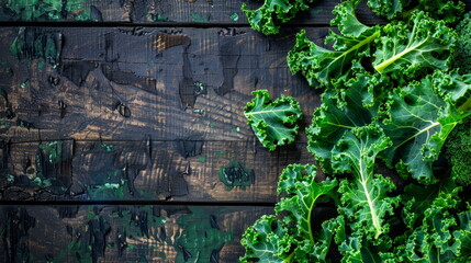 Organic Kale Texture: Green kale leaves on a dark wooden background, full of texture.