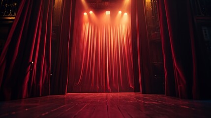 Vintage theater's red velvet curtain rising, revealing an empty, atmospheric stage bathed in soft spotlight. The anticipation of the upcoming performance is palpable.