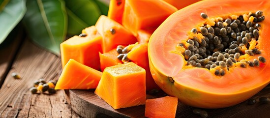 A photo of freshly cut papaya pieces arranged neatly on a wooden cutting board, ready to be enjoyed. - obrazy, fototapety, plakaty