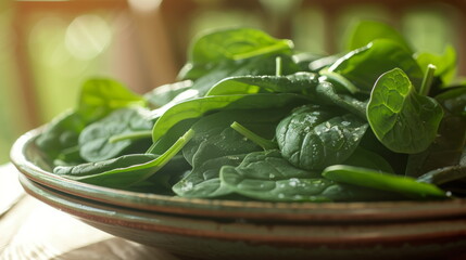 Dewy Spinach Delight: Lush green spinach leaves glistening with dew in morning light.