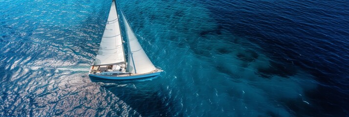 Aerial view of single sailing yacht regatta on high seas with white sails and copy space for text - obrazy, fototapety, plakaty