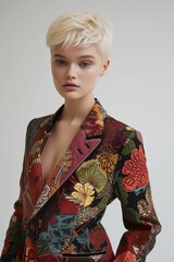 a woman with short blonde hair wearing floral jacket