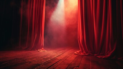 Vintage theater's red velvet curtain rising, revealing an empty, atmospheric stage bathed in soft spotlight. The anticipation of the upcoming performance is palpable.