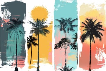 Summertime backgrounds set with palm trees, summer sun and brush strokes for your graphic design. Sunny Days. Vector illustration.