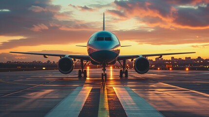 an airplane on runway at sunset