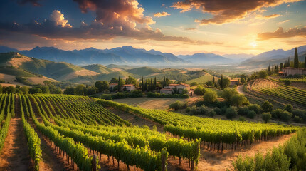 Fototapeta premium Beautiful rows of grapes before harvesting. Generated AI