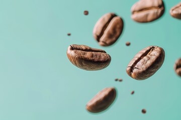 Levitating roasted coffee beans on a light pastel background with ample space for text placement
