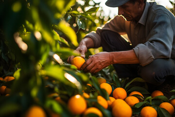 Man working on a orange farm harvesting orangess from a tree - obrazy, fototapety, plakaty