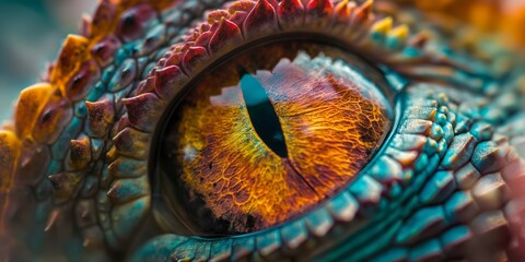 Close-up of Vibrant Dragon Eye. Detailed macro shot of a colorful dragon's eye, capturing the intricate textures and vivid colors. Ancient reptile. Dark tones. 3D illustration. Symbol of the year 2024