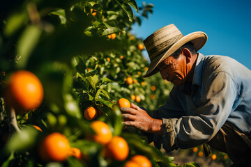 Man working on a orange farm harvesting orangess from a tree