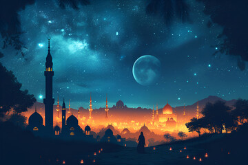 Modern Islamic holiday banner suitable for Ramadan, Raya Hari, Eid al-Adha and Mawlid. A lit lantern on an evening background.